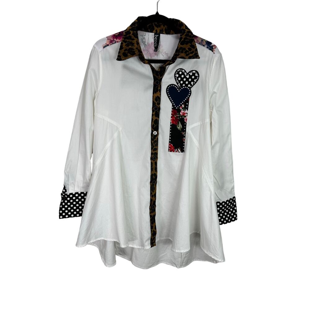 Berek NWT Women’s Rock Star Appliqué Button Shirt Leopard Floral Polka Dot M